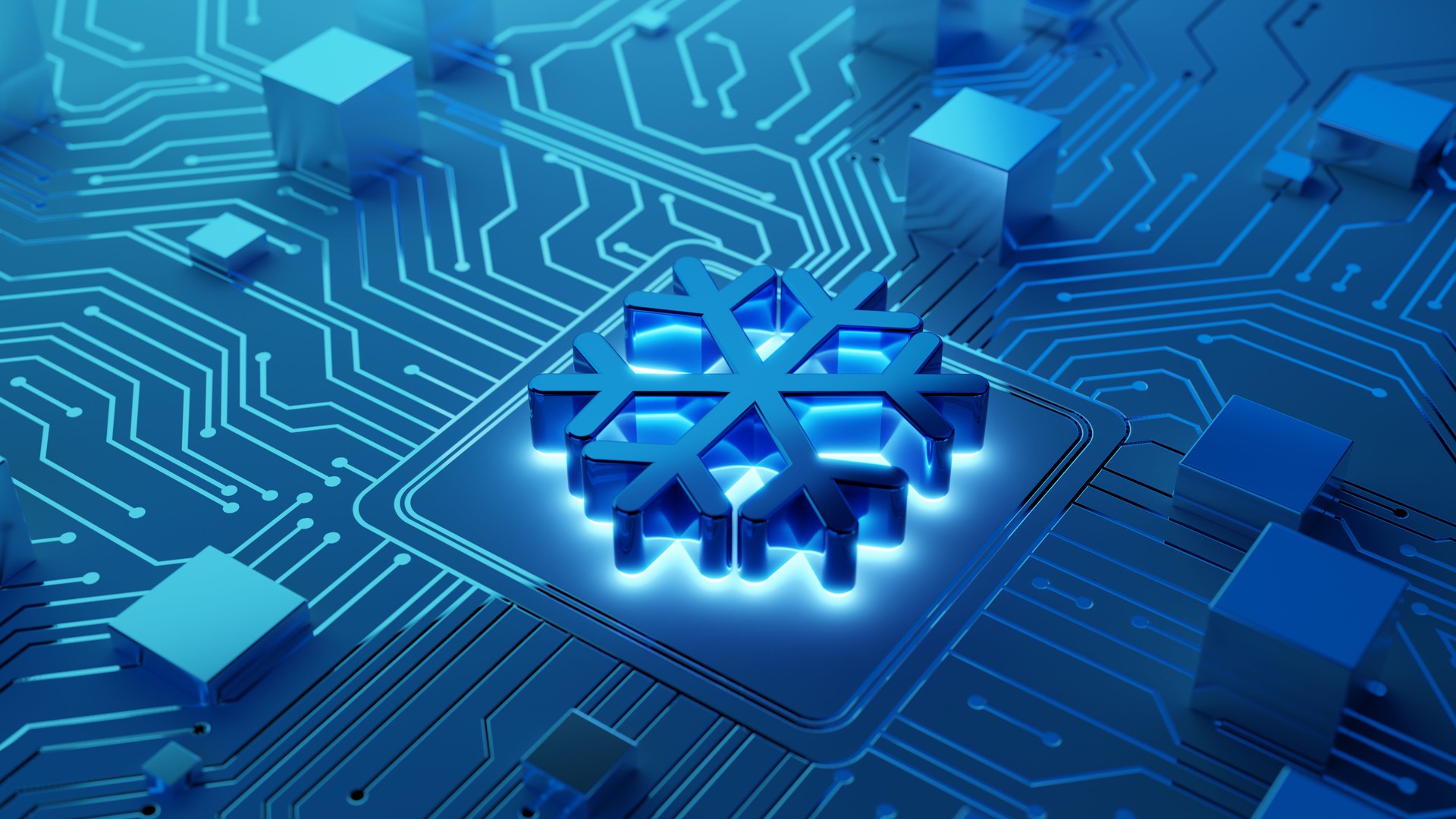 3D Christmas snowflake icon on an abstract motherboard. Christmas and digital technologies concept